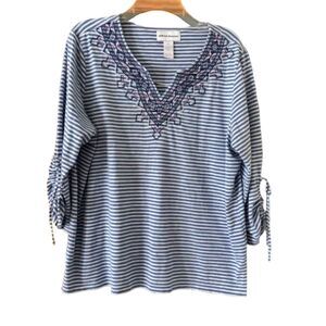 Alfred Dunner Nautical Blue Stripe Embroidered V Neckline XL 3/4 Sleeve Top #L